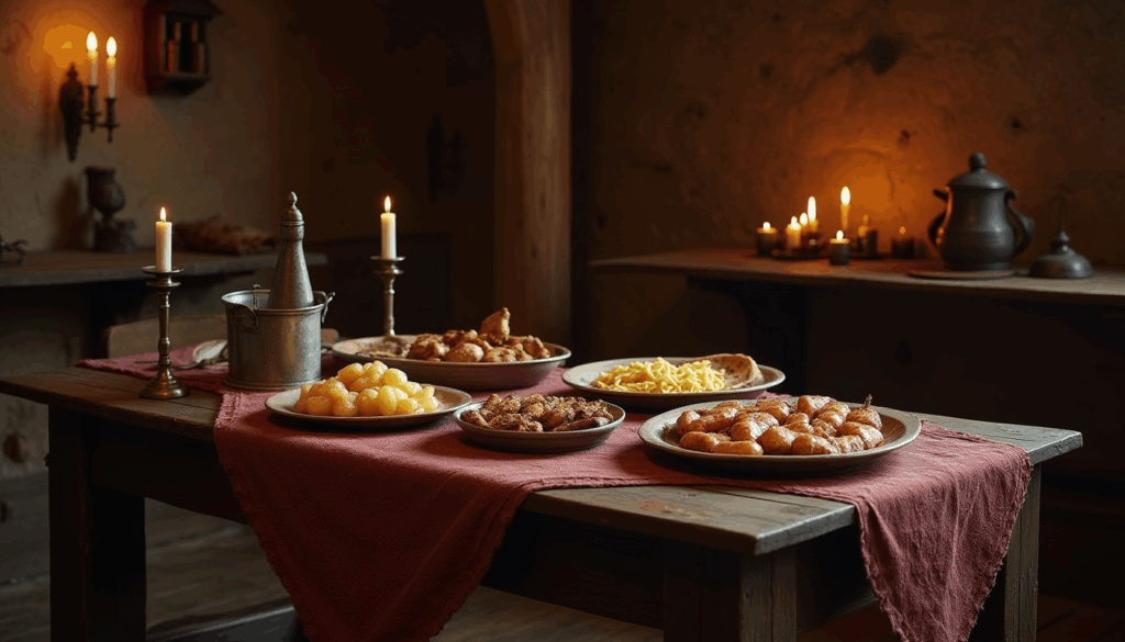 table-set-with-medieval-foods-in-a-medi__77709